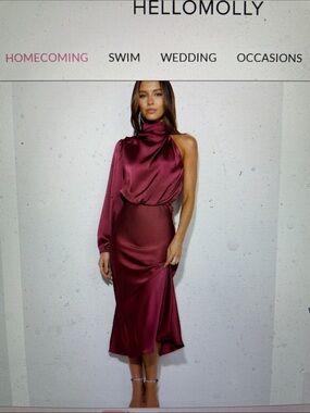Hello Molly One-Shoulder everything you love Satin Midi Dress in Wine- nwt